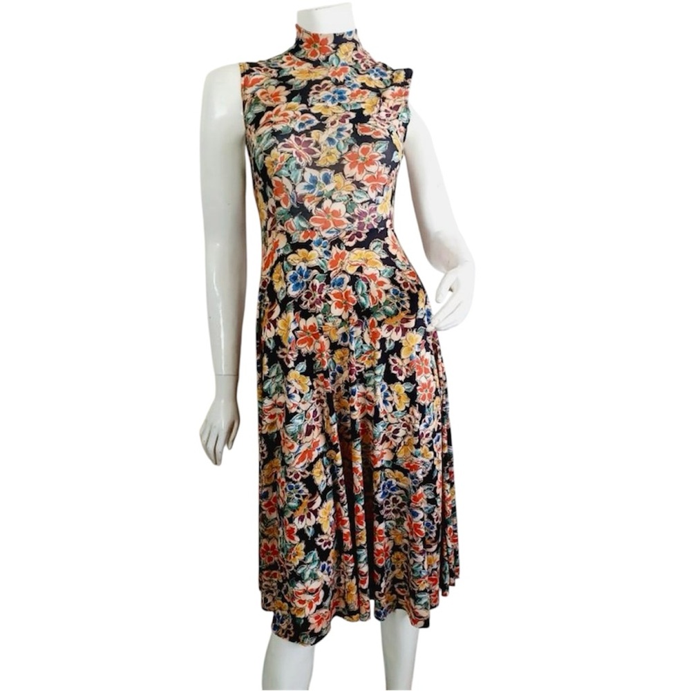 Zara Floral Mock Neck Sleeveless Midi Dress Medium Boho Cottagecore Vtg Retro - Picture 3 of 13